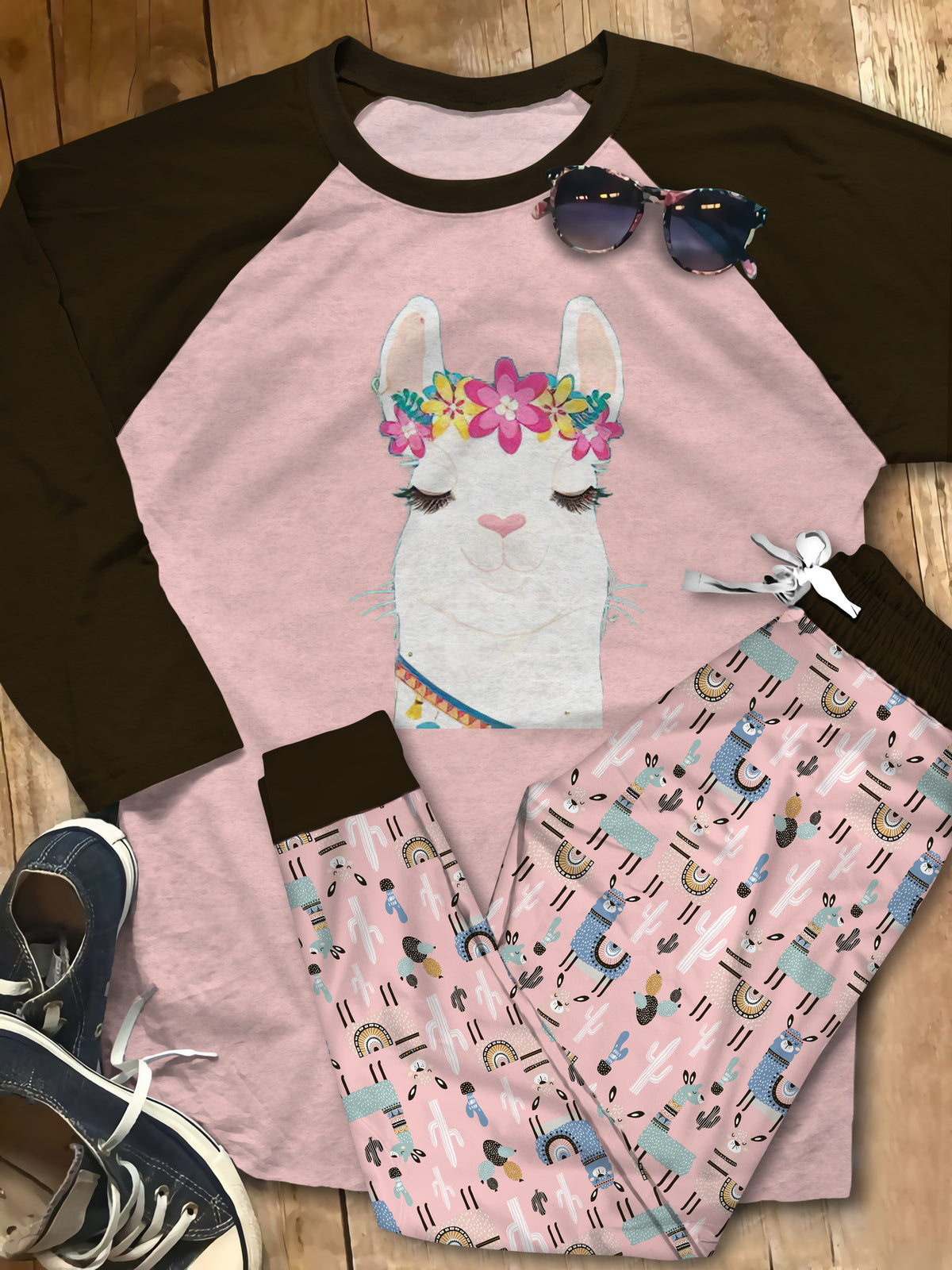 Llama Red Best Pajama Set |Sleepwear Pjs Sets | Raglan Shirt Pants Set