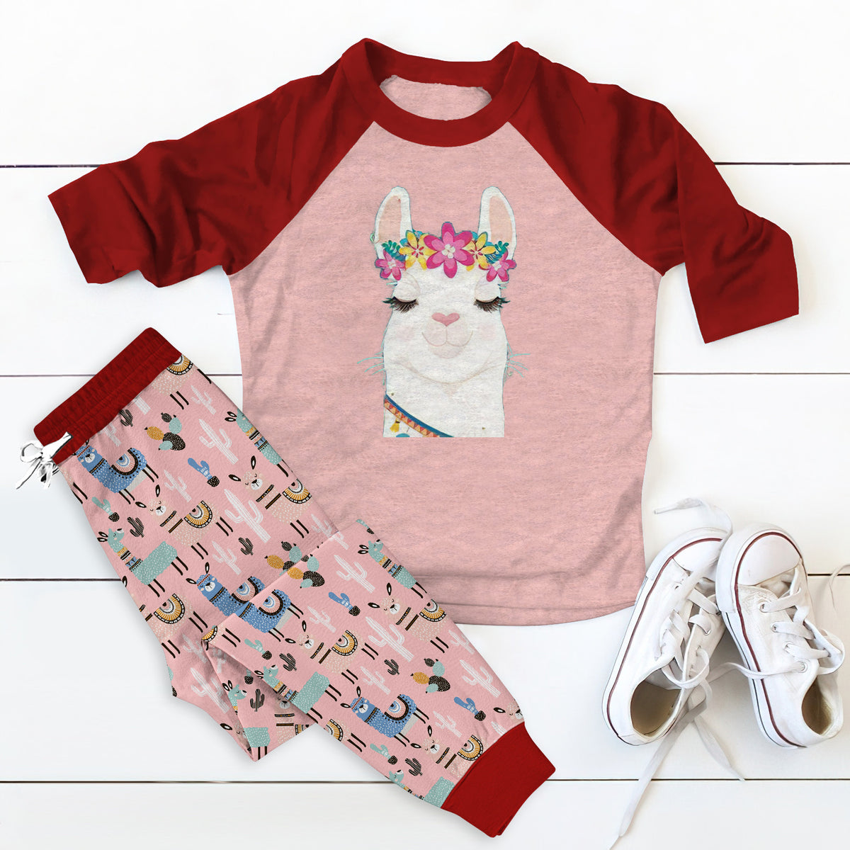 Llama Red Best Pajama Set |Sleepwear Pjs Sets | Raglan Shirt Pants Set
