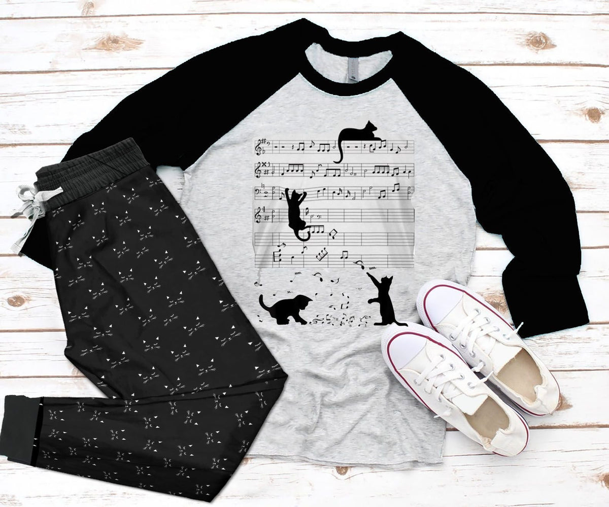 Cat Set Music Cat Pajama Set |Sleepwear Pjs Sets | Raglan Shirt Pants Set