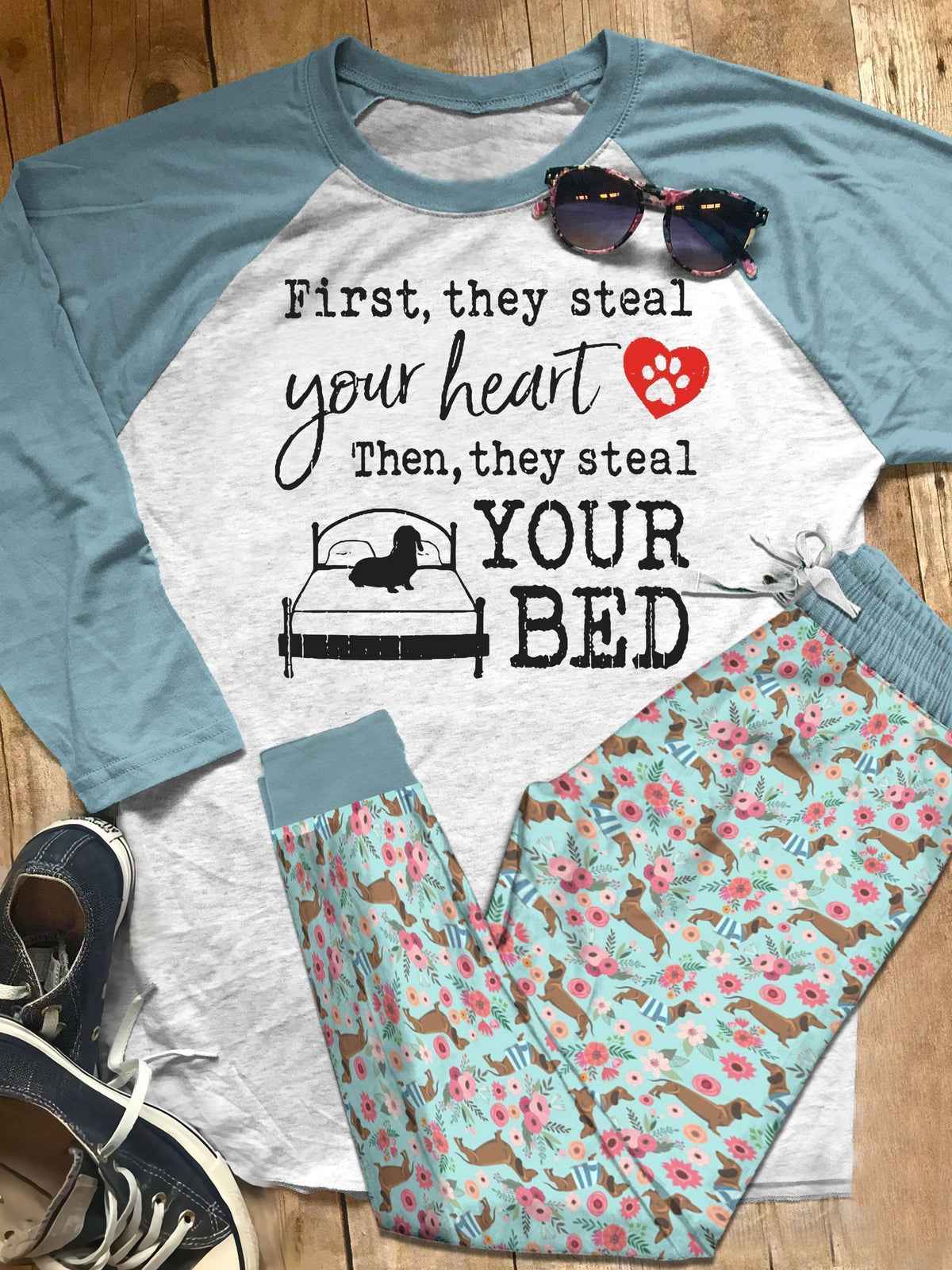 Dachshund Set Steal Your Heart Pajama Set |Sleepwear Pjs Sets | Raglan Shirt Pants Set