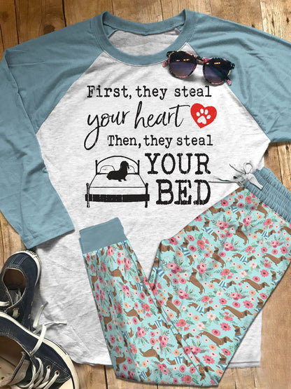 Dachshund Set Steal Your Heart Pajama Set |Sleepwear Pjs Sets | Raglan Shirt Pants Set