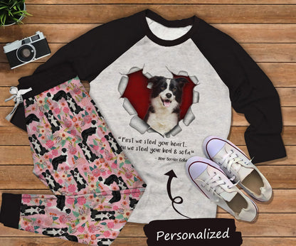 Border Collie Lovely Stealer Personalized Name Pajama Set |Sleepwear Pjs Sets | Raglan Shirt Pants Set