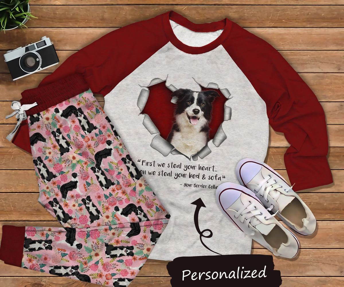 Border Collie Lovely Stealer Personalized Name Pajama Set |Sleepwear Pjs Sets | Raglan Shirt Pants Set
