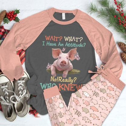 Pig Farm What'S New Women Pink Good Pajama Set |Sleepwear Pjs Sets | Raglan Shirt Pants Set