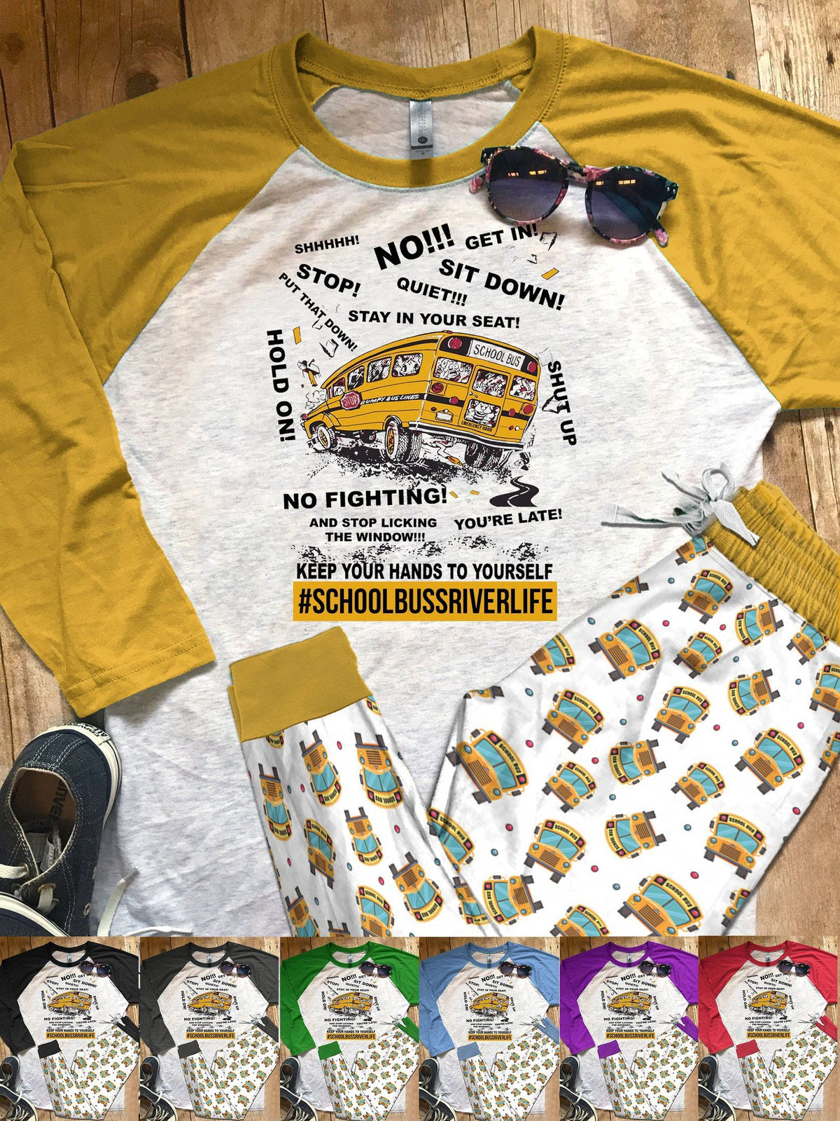 School Bus Driver School Color Series Pajama Set |Sleepwear Pjs Sets | Raglan Shirt Pants Set
