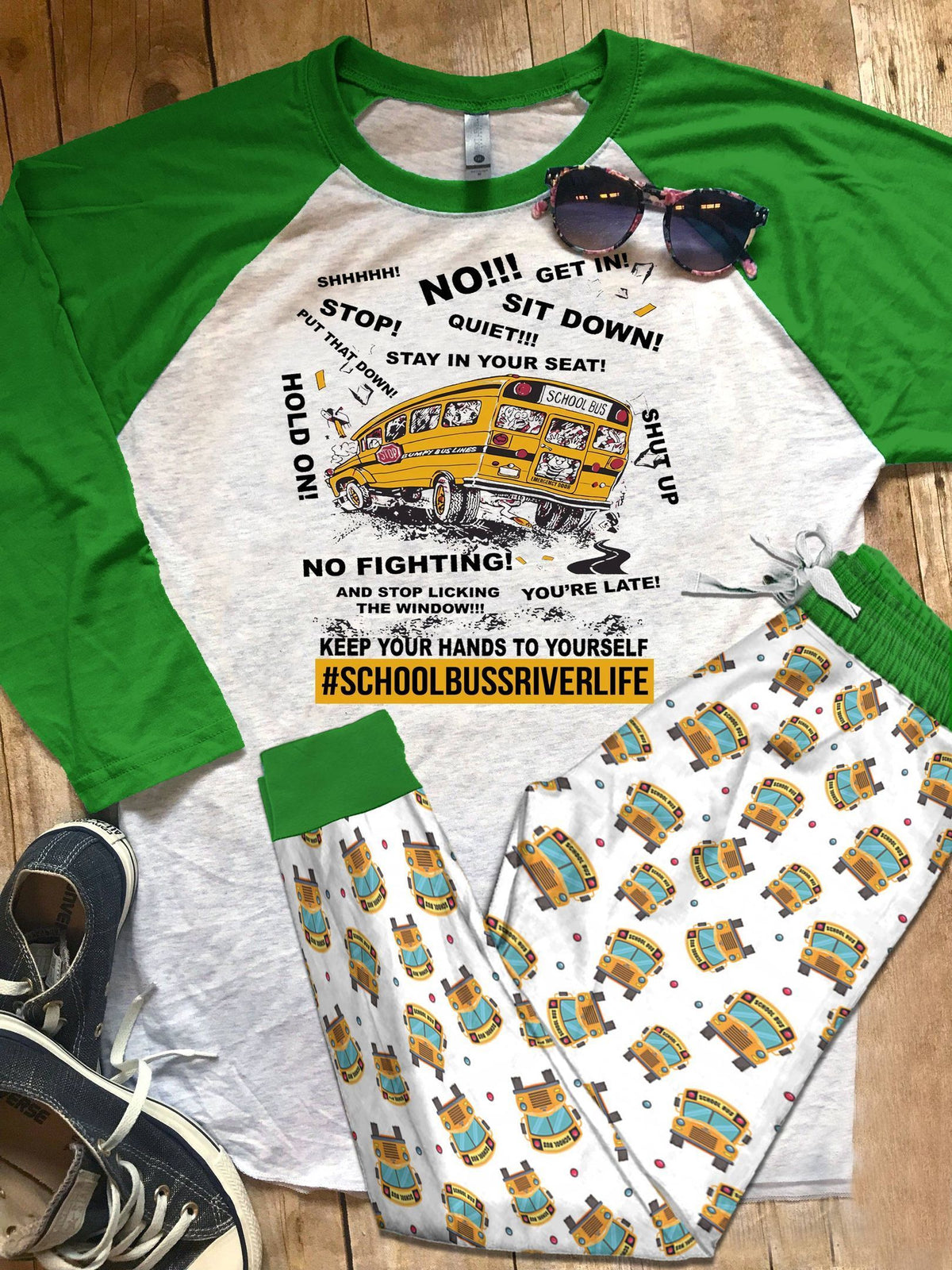 School Bus Driver School Color Series Pajama Set |Sleepwear Pjs Sets | Raglan Shirt Pants Set