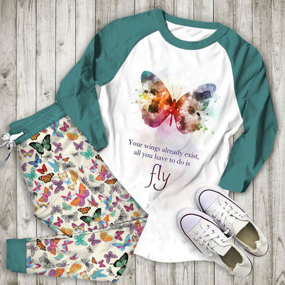 Butterfly Aax Pajama Set |Sleepwear Pjs Sets | Raglan Shirt Pants Set