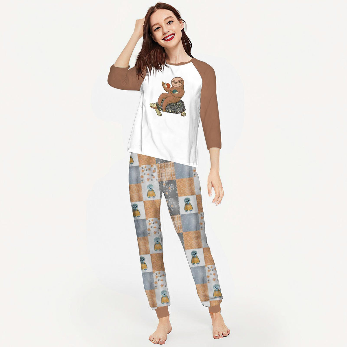 Sloth Sloth Turtle Acc Pajama Set |Sleepwear Pjs Sets | Raglan Shirt Pants Set