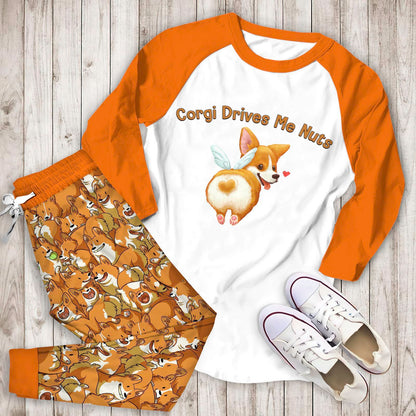 Corgi Drives Me Nuts Abd Pajama Set |Sleepwear Pjs Sets | Raglan Shirt Pants Set