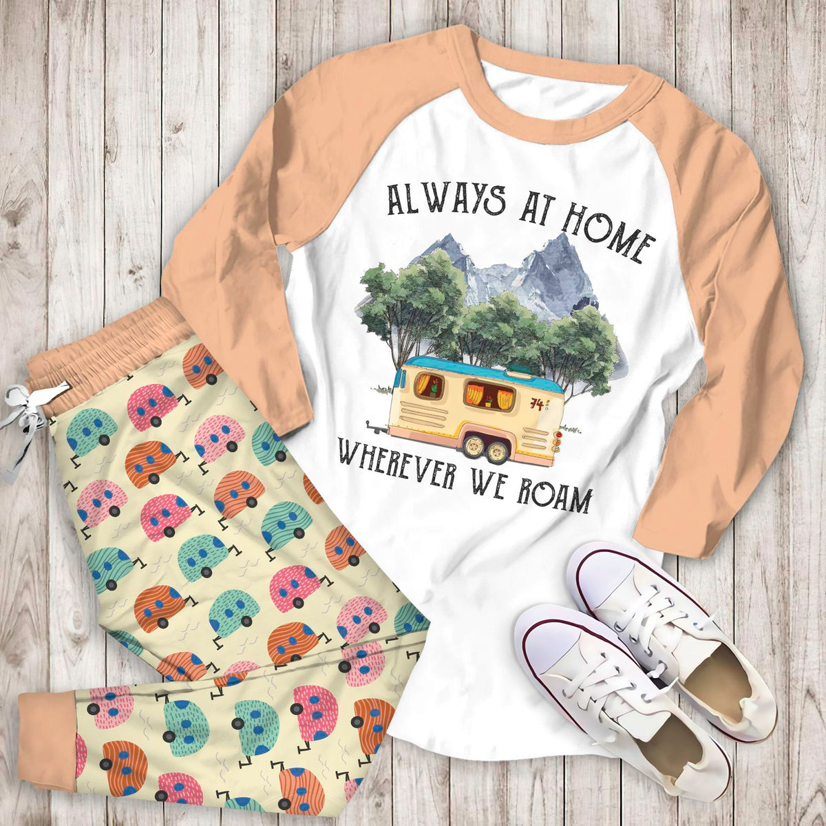 Camping Always At Home Aay Pajama Set |Sleepwear Pjs Sets | Raglan Shirt Pants Set