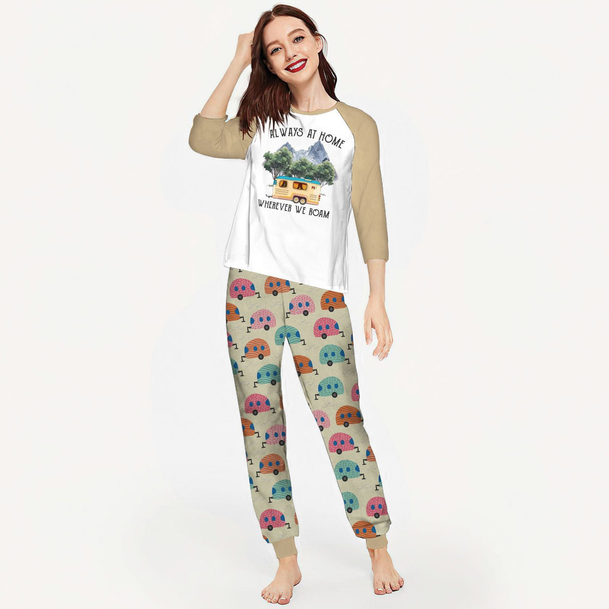 Camping Always At Home Aay Pajama Set |Sleepwear Pjs Sets | Raglan Shirt Pants Set