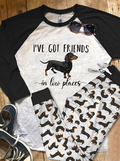 Dachshund I Got Friends In Low Places Aaf Pajama Set |Sleepwear Pjs Sets | Raglan Shirt Pants Set