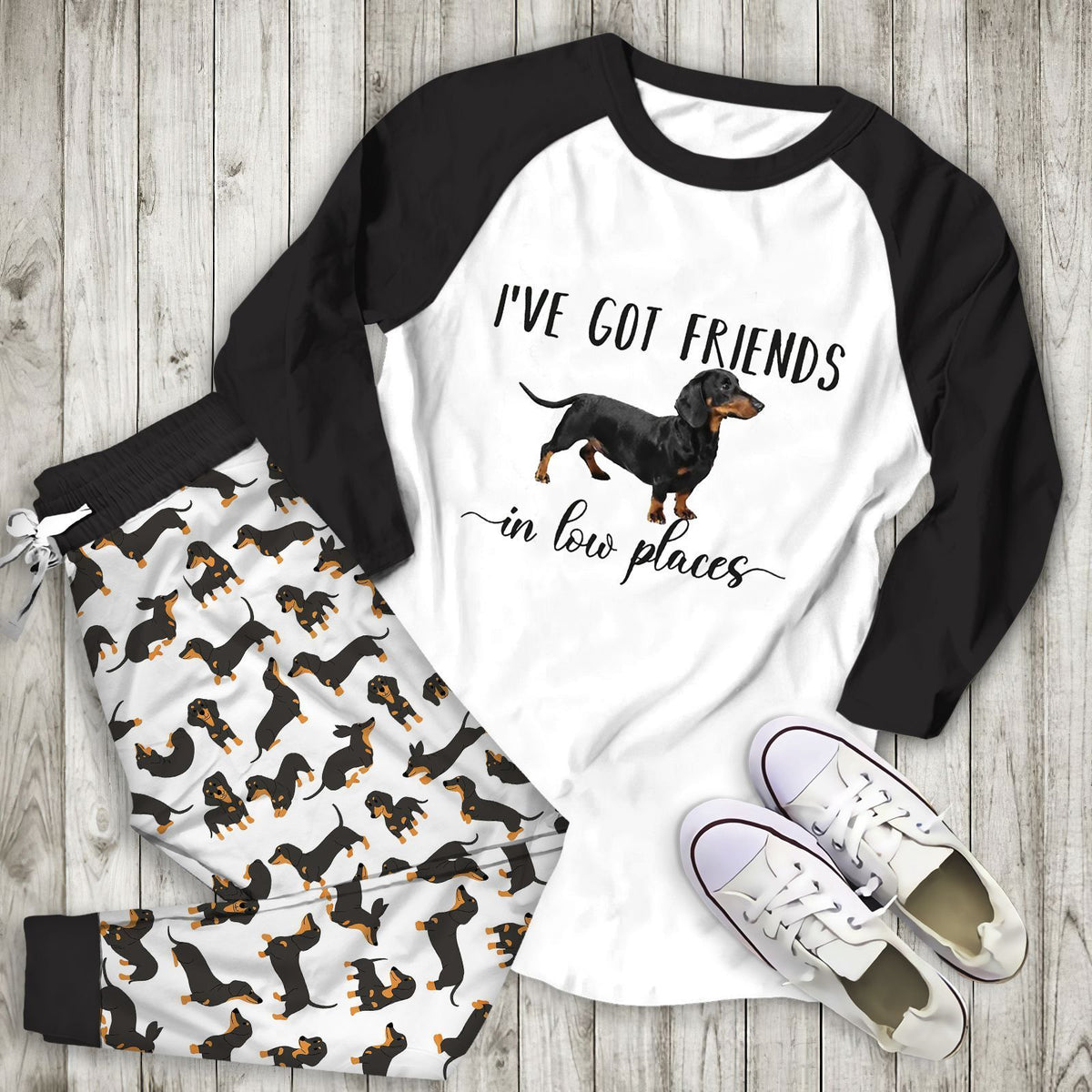 Dachshund I Got Friends In Low Places Aaf Pajama Set |Sleepwear Pjs Sets | Raglan Shirt Pants Set
