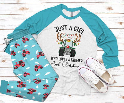 Farmer Set Just A Girl Who Loves A Farmer Colors Pajama Set |Sleepwear Pjs Sets | Raglan Shirt Pants Set