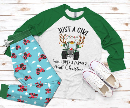 Farmer Set Just A Girl Who Loves A Farmer Colors Pajama Set |Sleepwear Pjs Sets | Raglan Shirt Pants Set