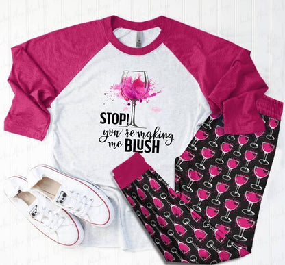 Wine Set You'Re Making Me Blush Pajama Set |Sleepwear Pjs Sets | Raglan Shirt Pants Set