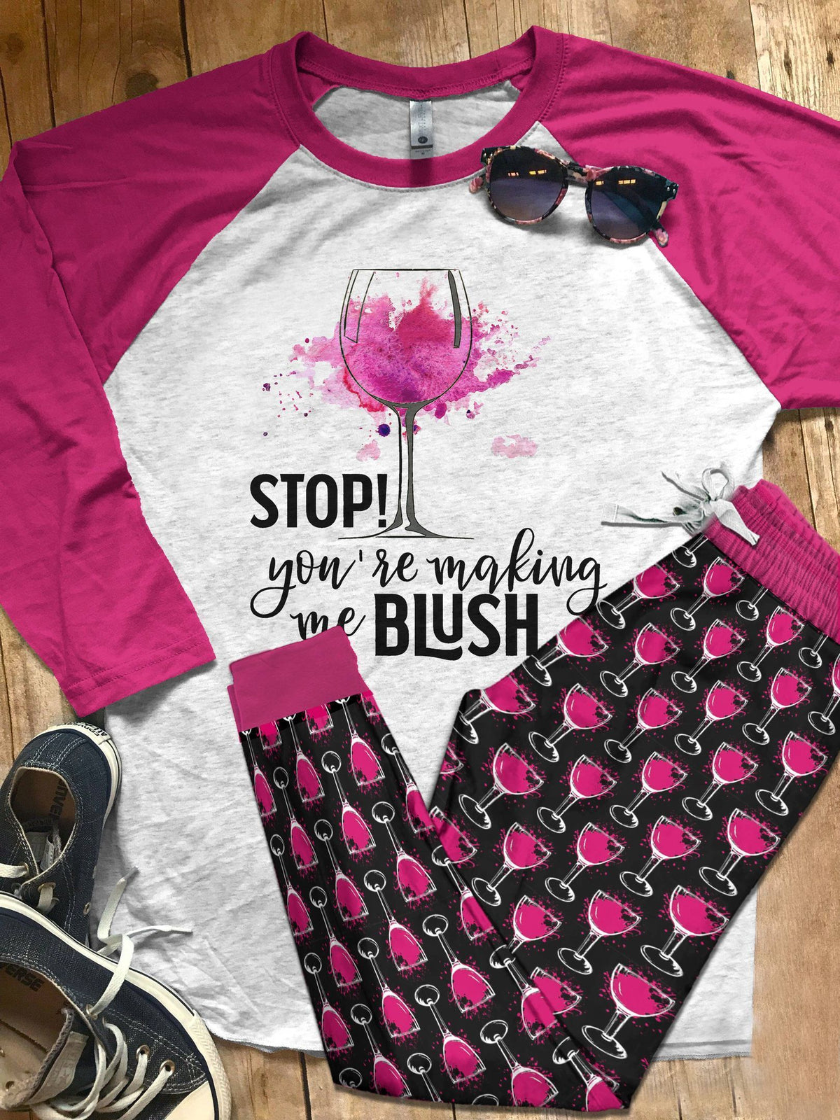 Wine Set You'Re Making Me Blush Pajama Set |Sleepwear Pjs Sets | Raglan Shirt Pants Set