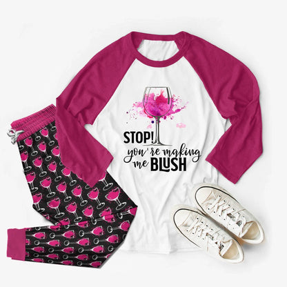 Wine Set You'Re Making Me Blush Pajama Set |Sleepwear Pjs Sets | Raglan Shirt Pants Set
