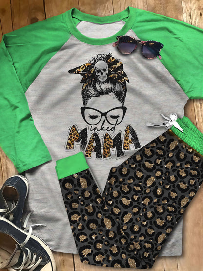 Tatoo Inked Mama Ack Pajama Set |Sleepwear Pjs Sets | Raglan Shirt Pants Set