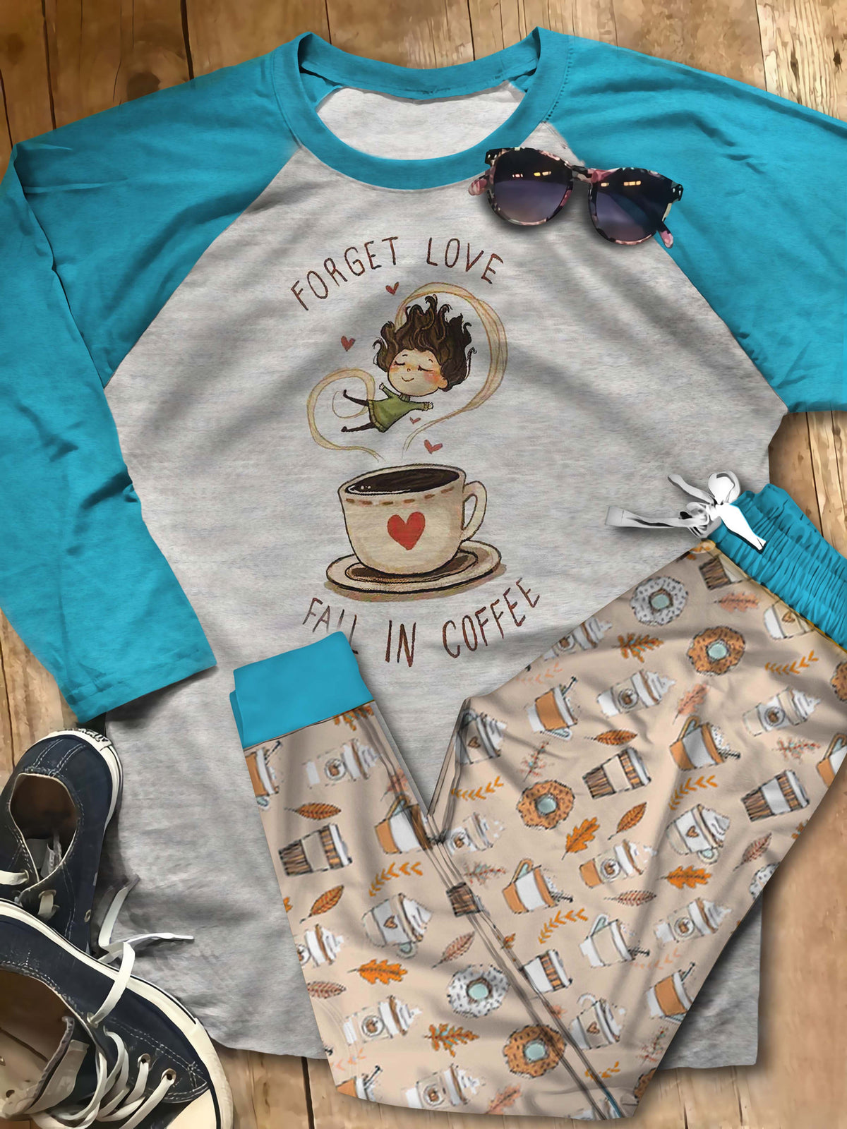 Coffee Fall In Aar Pajama Set |Sleepwear Pjs Sets | Raglan Shirt Pants Set