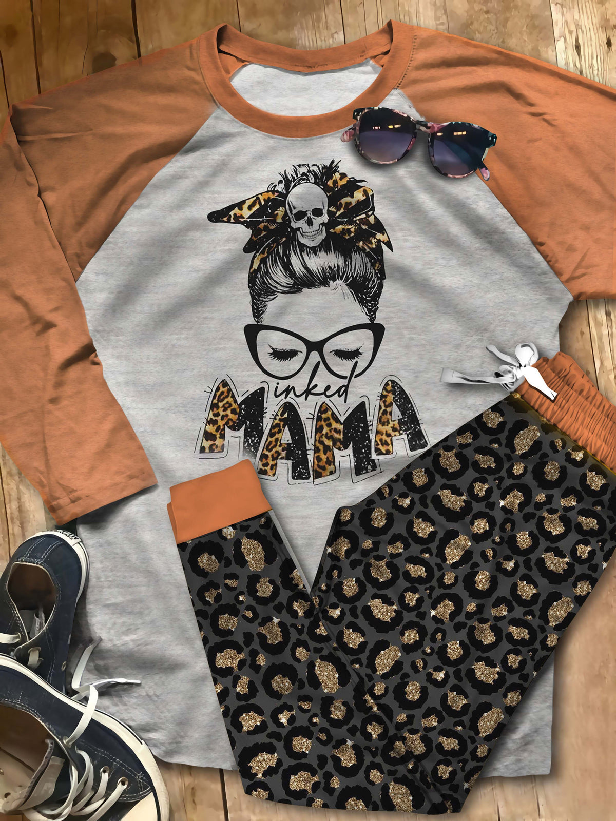 Tatoo Inked Mama Ack Pajama Set |Sleepwear Pjs Sets | Raglan Shirt Pants Set