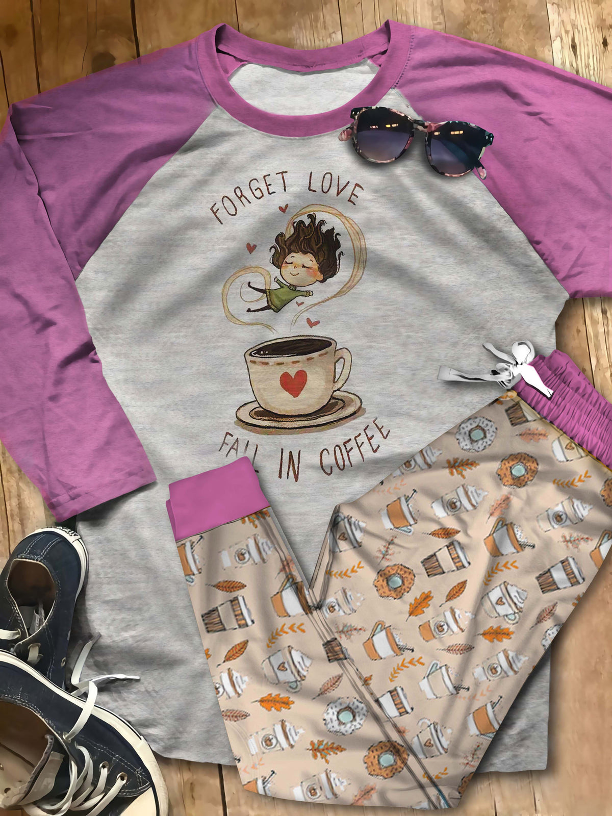 Coffee Fall In Aar Pajama Set |Sleepwear Pjs Sets | Raglan Shirt Pants Set
