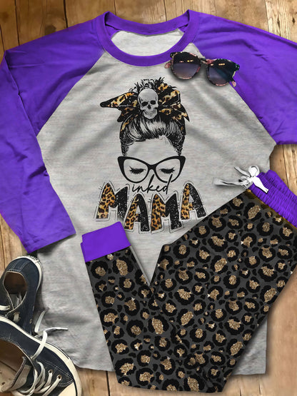 Tatoo Inked Mama Ack Pajama Set |Sleepwear Pjs Sets | Raglan Shirt Pants Set