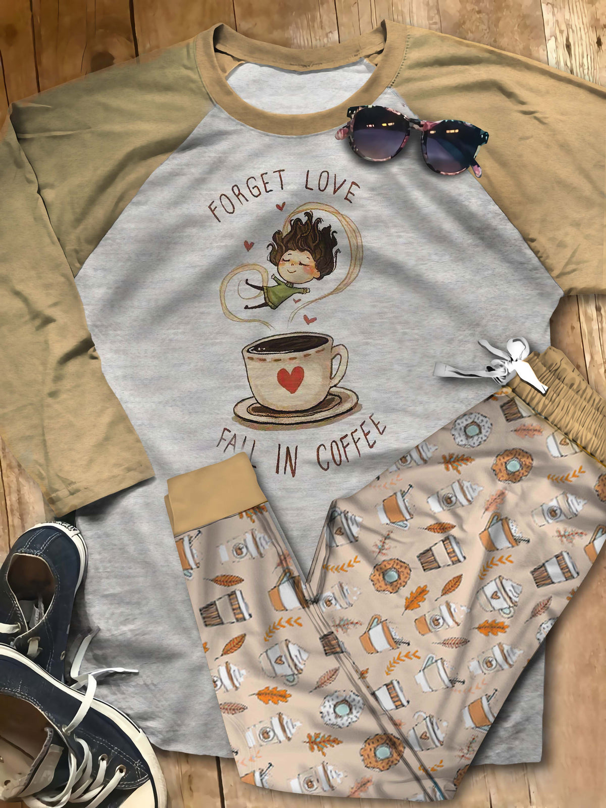 Coffee Fall In Aar Pajama Set |Sleepwear Pjs Sets | Raglan Shirt Pants Set