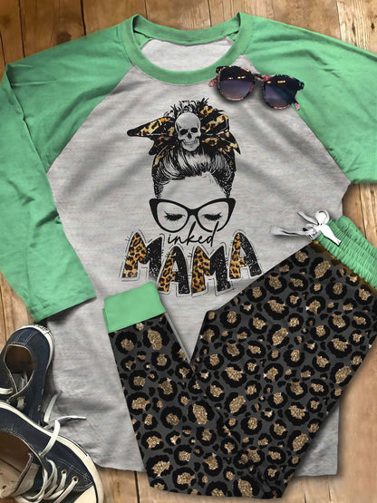 Tatoo Inked Mama Ack Pajama Set |Sleepwear Pjs Sets | Raglan Shirt Pants Set