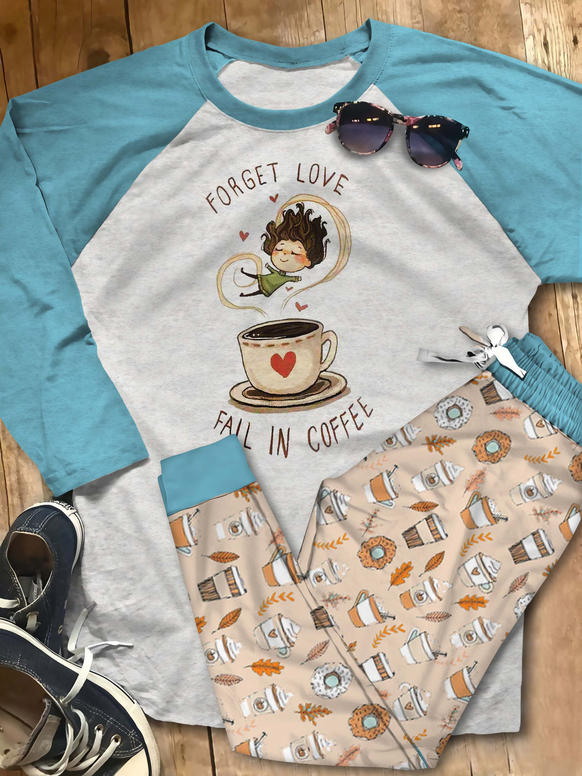 Coffee Fall In Aar Pajama Set |Sleepwear Pjs Sets | Raglan Shirt Pants Set