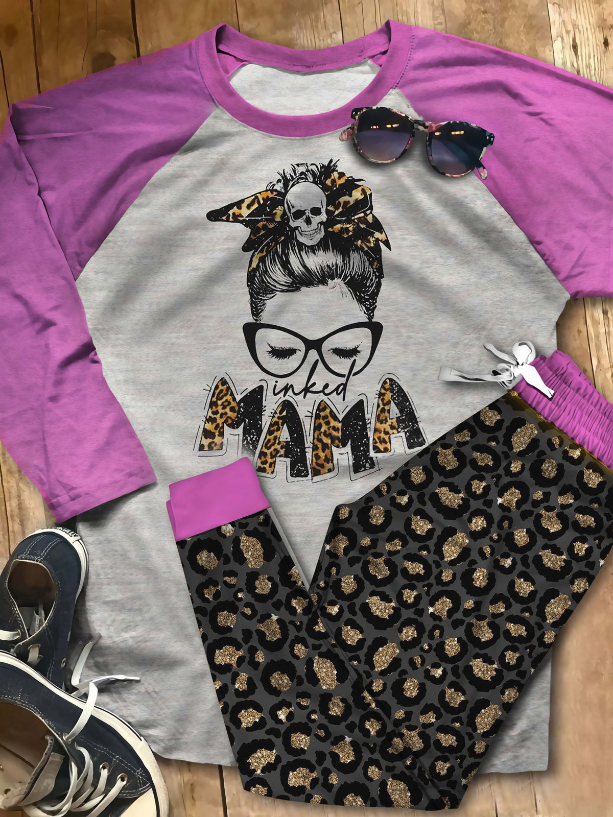Tatoo Inked Mama Ack Pajama Set |Sleepwear Pjs Sets | Raglan Shirt Pants Set