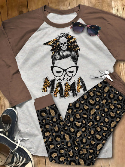 Tatoo Inked Mama Ack Pajama Set |Sleepwear Pjs Sets | Raglan Shirt Pants Set