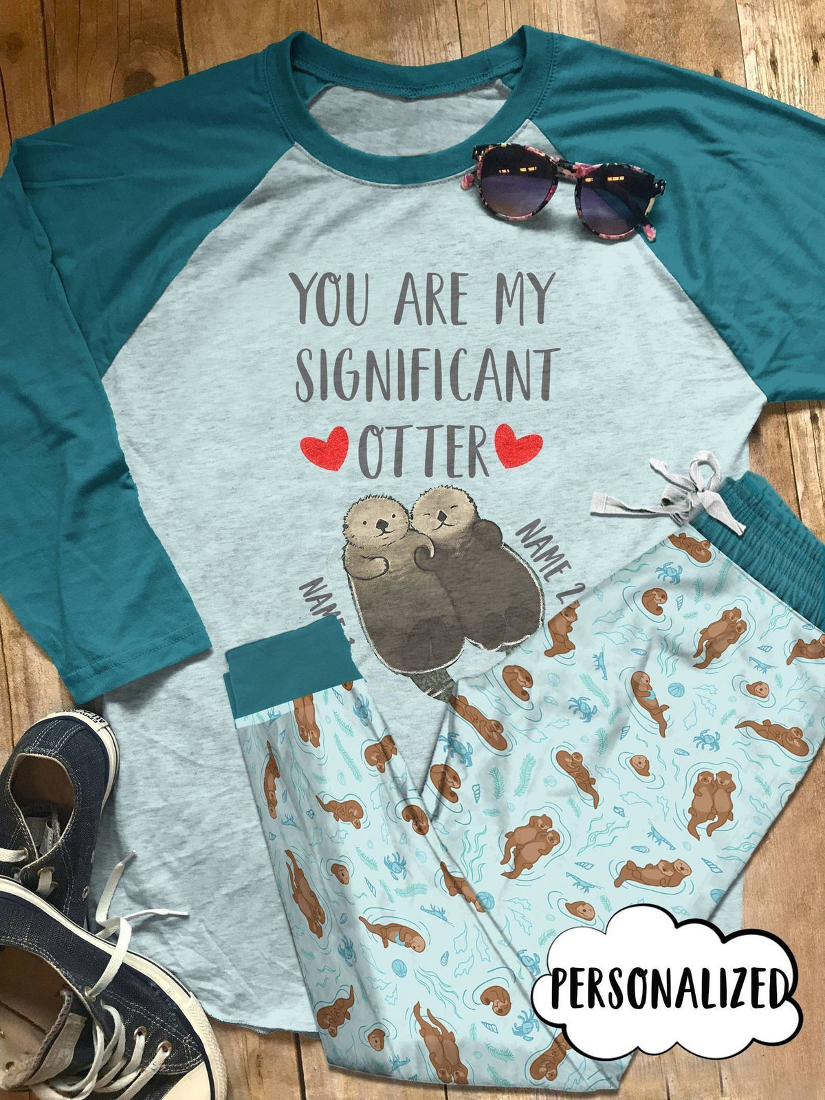 Otter Personalized Set Otter Lover Pajama Set |Sleepwear Pjs Sets | Raglan Shirt Pants Set