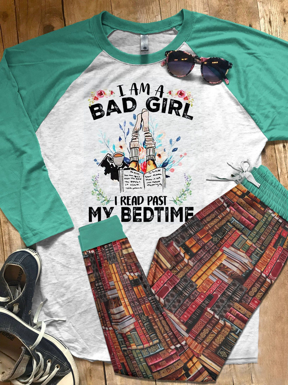 Reading Teal Good Quality Pajama Set |Sleepwear Pjs Sets | Raglan Shirt Pants Set