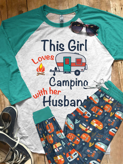 This Girl Who Loves Camping Teal Pajama Set |Sleepwear Pjs Sets | Raglan Shirt Pants Set