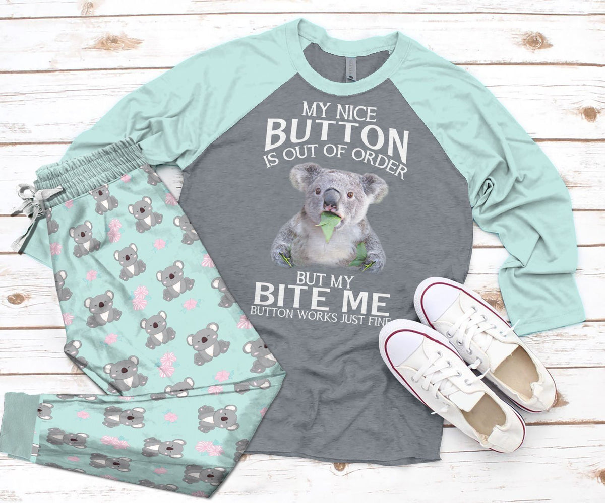 Koala Button Teal High Quality Pajama Set |Sleepwear Pjs Sets | Raglan Shirt Pants Set