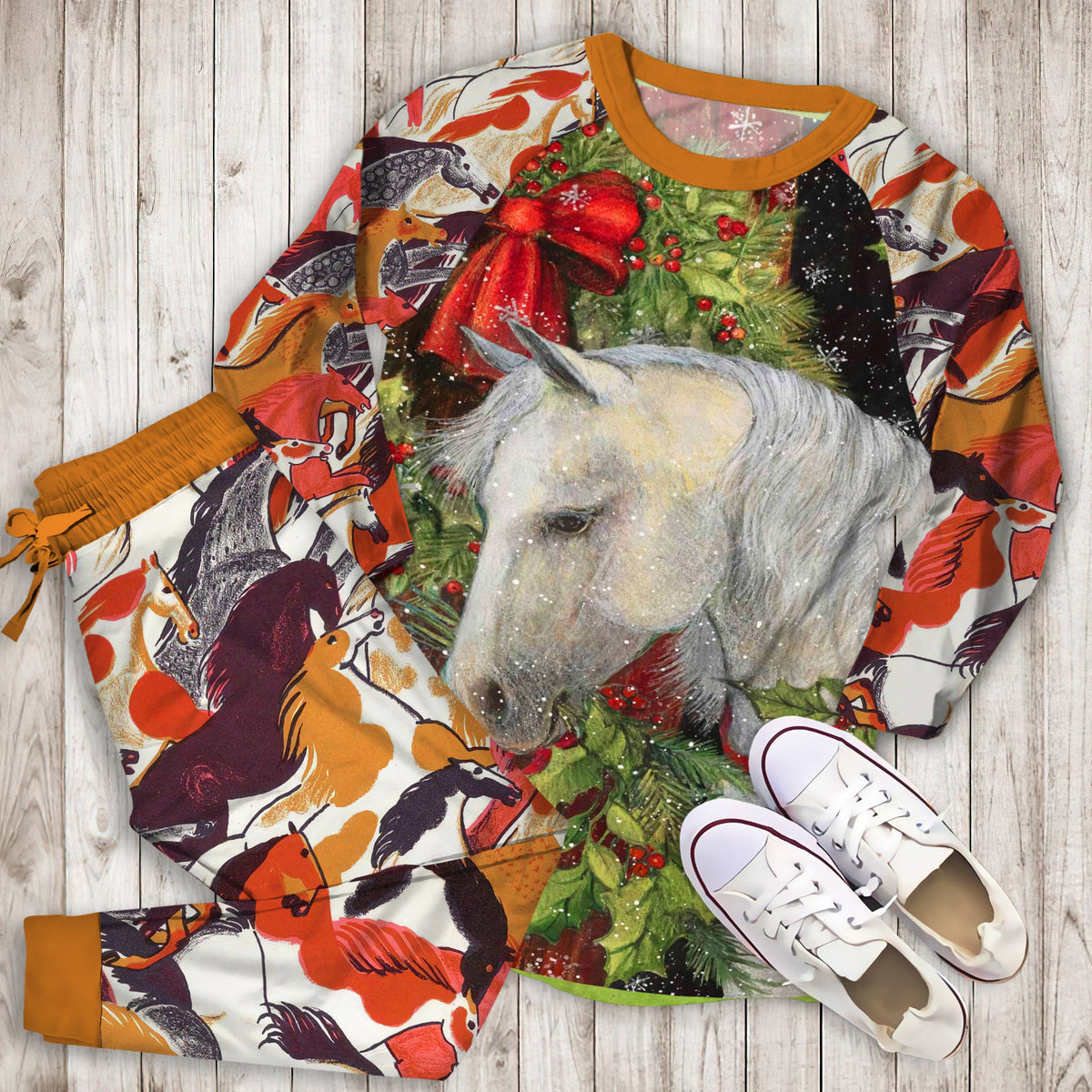 Horse Christmas Pajama Set | Pajamas | Cotton Sleepwear Sets | Soft Long Sleeve Pjs | Raglan Shirt and Pants Set