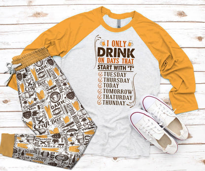 Beer Set Start With T Pajama Set |Sleepwear Pjs Sets | Raglan Shirt Pants Set