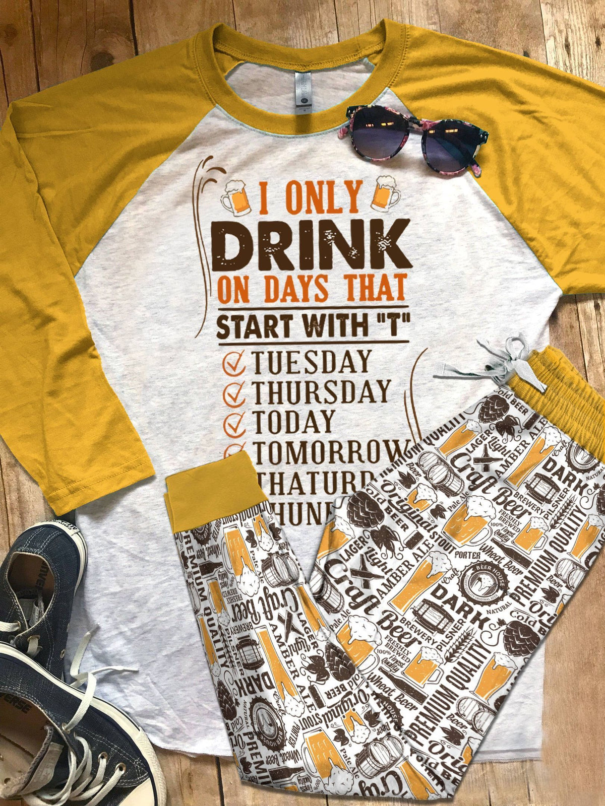 Beer Set Start With T Pajama Set |Sleepwear Pjs Sets | Raglan Shirt Pants Set