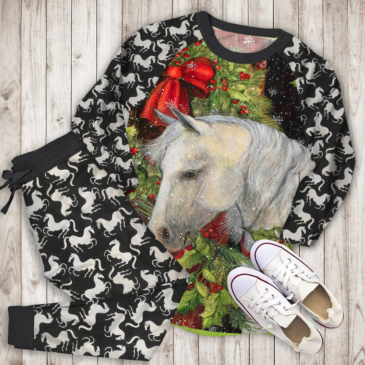 Horse Christmas Pajama Set | Pajamas | Cotton Sleepwear Sets | Soft Long Sleeve Pjs | Raglan Shirt and Pants Set