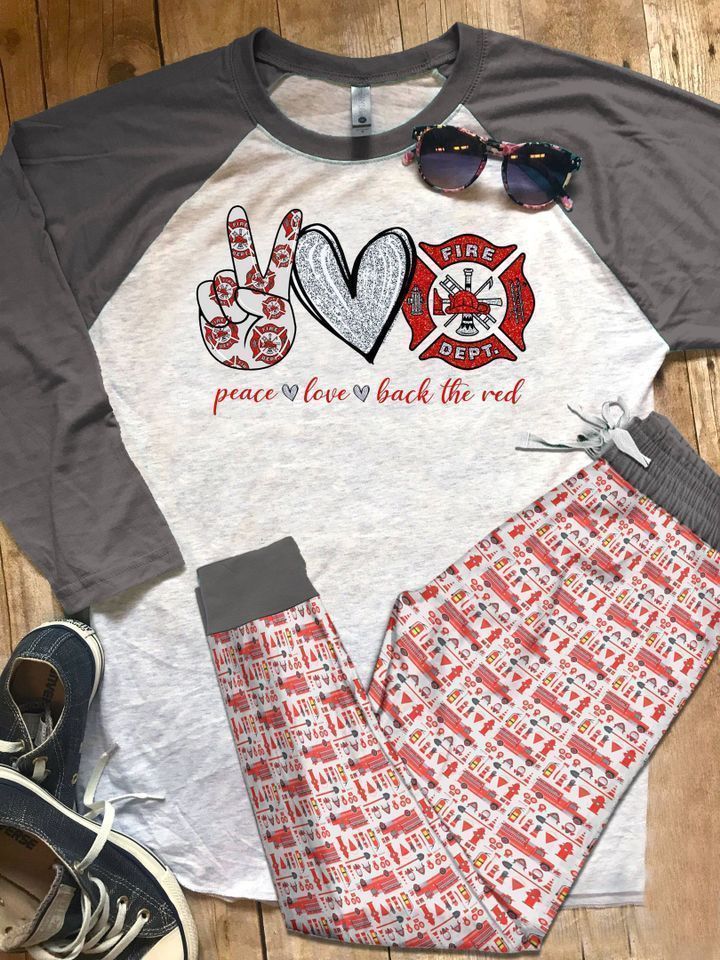 Firefighter I Love Pajama Set |Sleepwear Pjs Sets | Raglan Shirt Pants Set