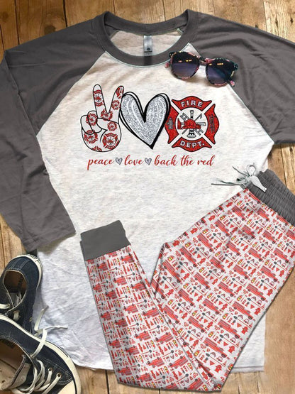 Firefighter I Love Pajama Set |Sleepwear Pjs Sets | Raglan Shirt Pants Set