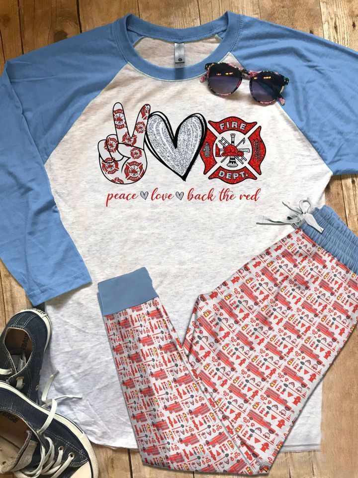 Firefighter I Love Pajama Set |Sleepwear Pjs Sets | Raglan Shirt Pants Set