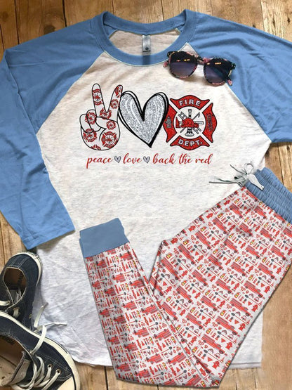 Firefighter I Love Pajama Set |Sleepwear Pjs Sets | Raglan Shirt Pants Set
