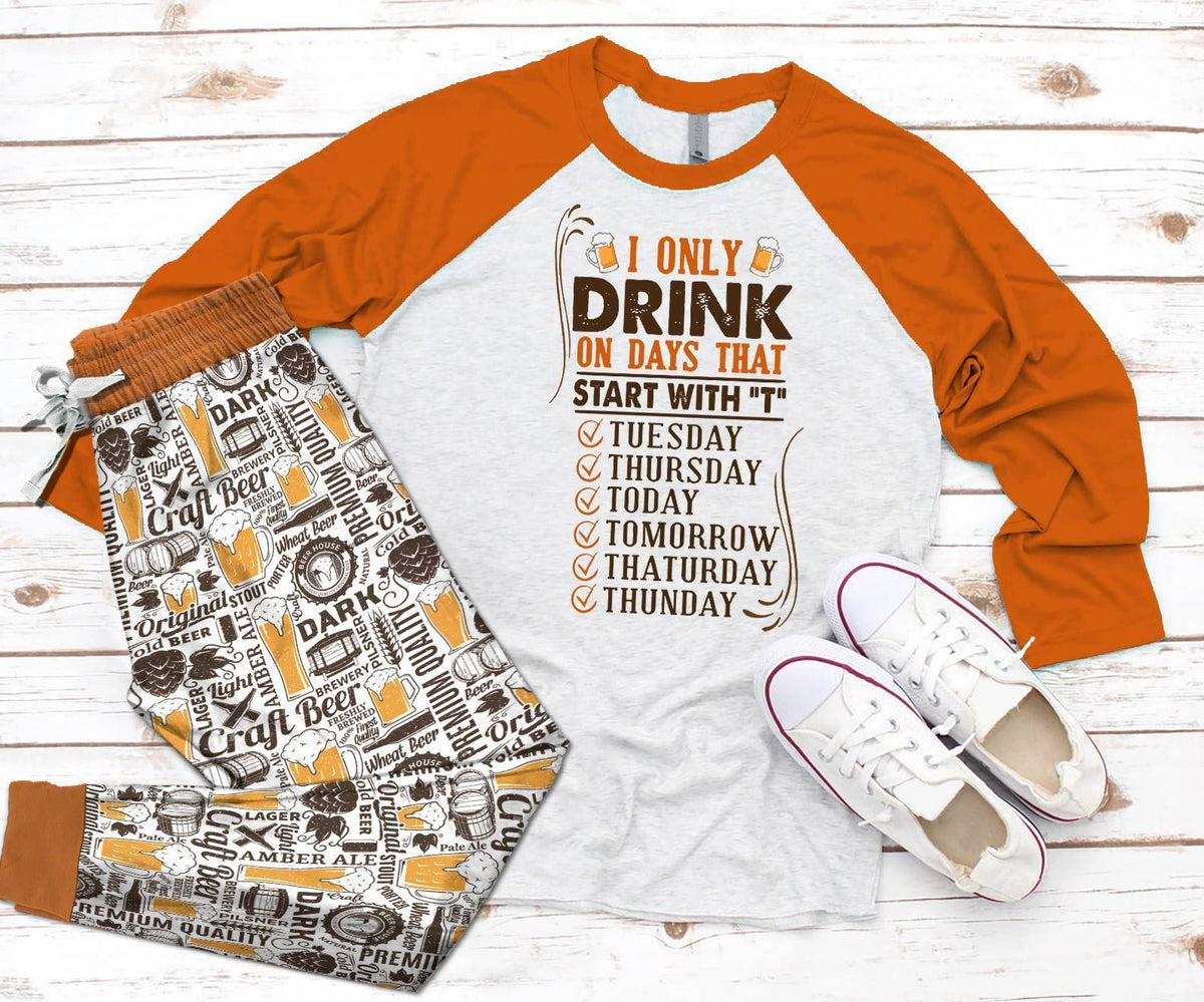Beer Set Start With T Pajama Set |Sleepwear Pjs Sets | Raglan Shirt Pants Set