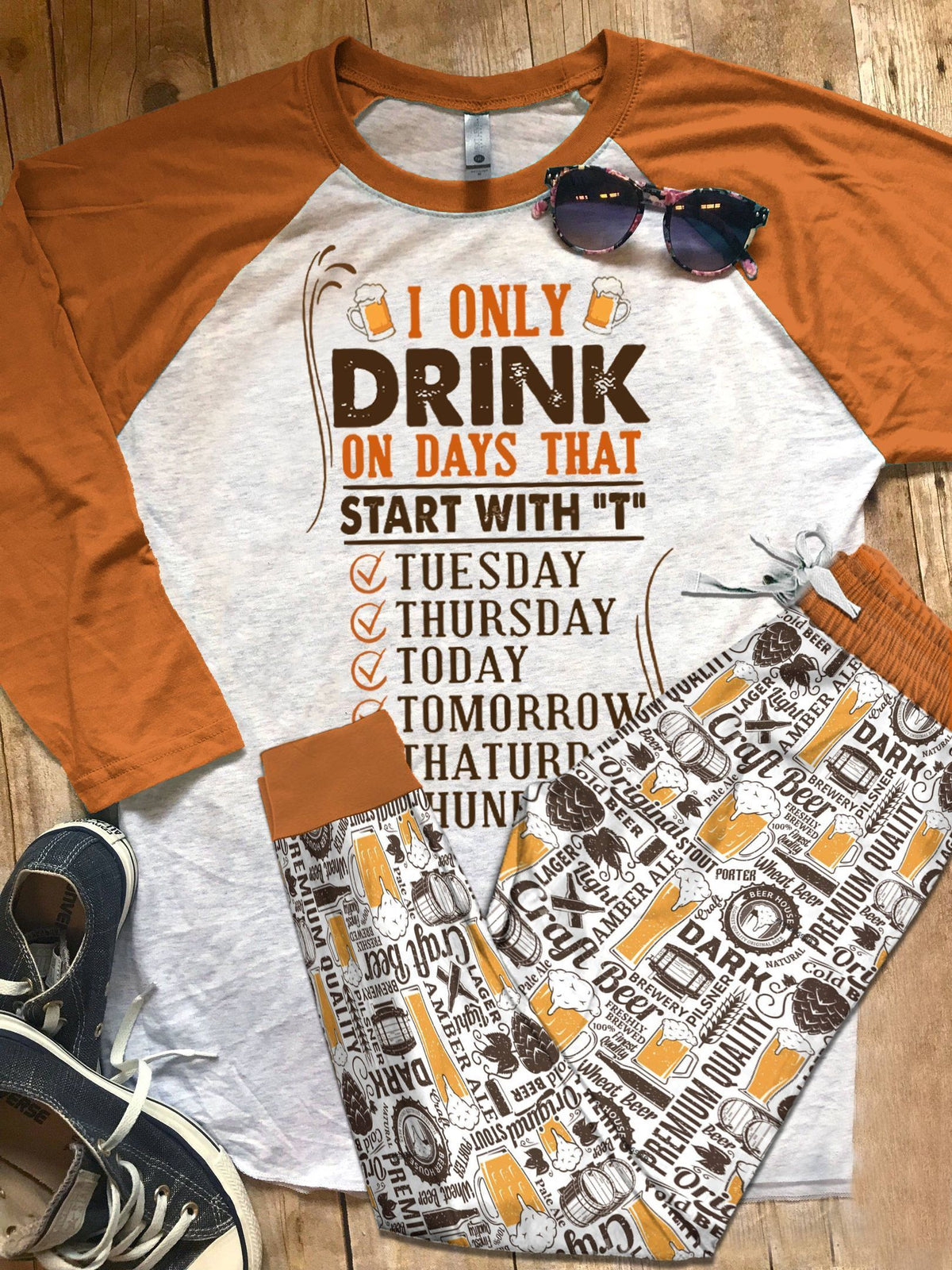 Beer Set Start With T Pajama Set |Sleepwear Pjs Sets | Raglan Shirt Pants Set