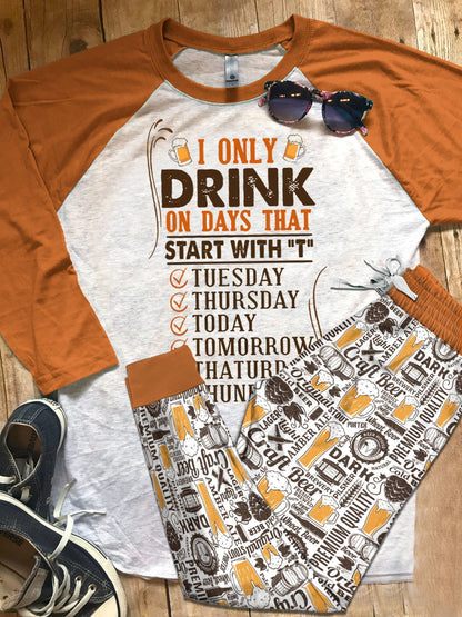 Beer Set Start With T Pajama Set |Sleepwear Pjs Sets | Raglan Shirt Pants Set