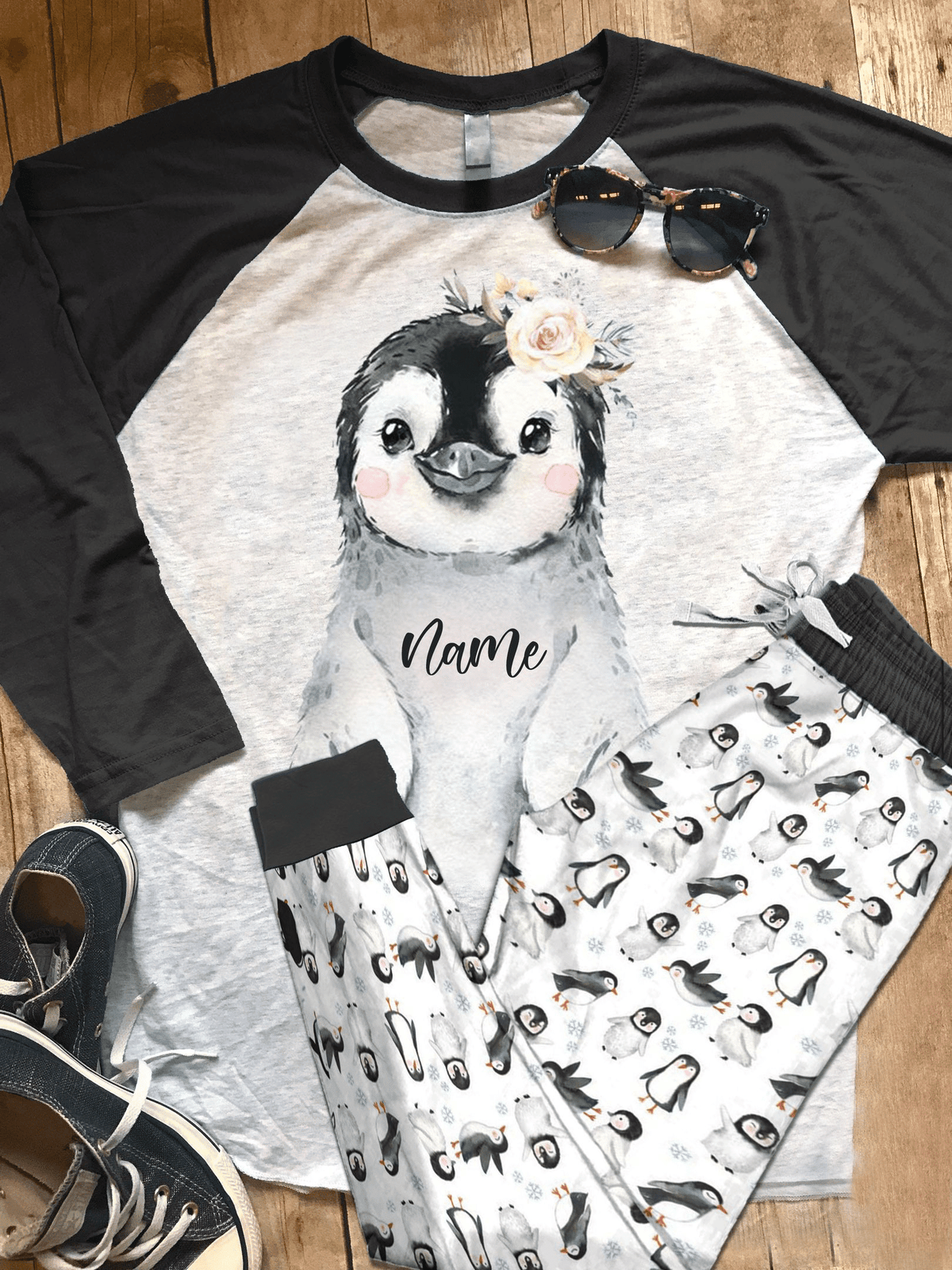 Penguin The Cutest Personalized Name Pajama Set |Sleepwear Pjs Sets | Raglan Shirt Pants Set