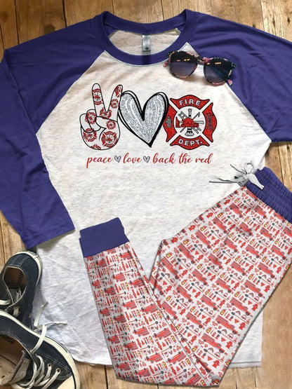 Firefighter I Love Pajama Set |Sleepwear Pjs Sets | Raglan Shirt Pants Set