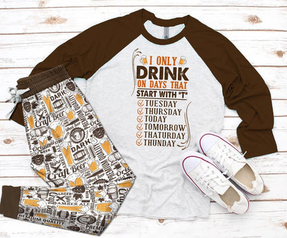 Beer Set Start With T Pajama Set |Sleepwear Pjs Sets | Raglan Shirt Pants Set